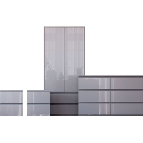 Glinton 4 Piece Bedroom Set (2 Drw Bedside x2, 6 Drw Chest, 2 Dr 2 Drw Wardrobe), Grey (100% FSC) (1/4)