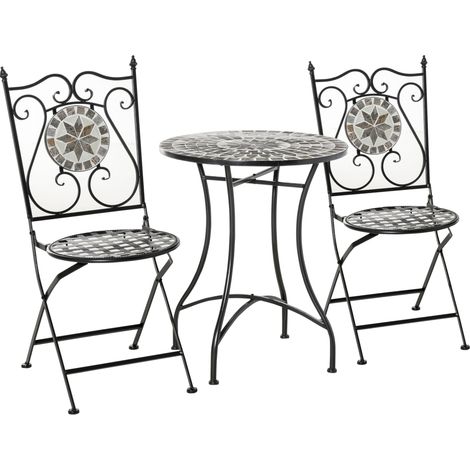 Ensemble jardin 2 personnes table mosaïque + chaises pliantes métal carrelage céramique multicolore 120x70x70 cm