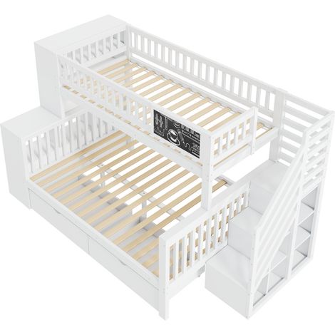 Lit maison, lit enfant, lit superposé à deux niveaux, avec panneau graffiti, lit multifonctionnel pour enfants, avec escalier et armoires de rangement, avec tiroirs, 140200cm & 90200cm, blanc(OLD SKU: (1/5)