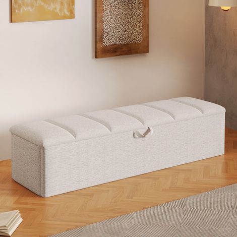 Banc coffre 113 x 32 x 36 cm, rangement intégré, assise mobile, revêtement velours, blanc (1/5)