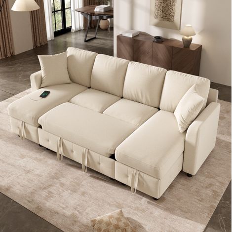 U-Form-Schlafsofa aus Chenille, 2 Chaiselongues mit Stauraum, Beige HAVRYA (1/5)