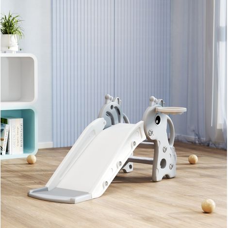 Scivolo per bambini 3 in 1 con canestro e palla, design giraffa, grigio, OKWISH (1/5)