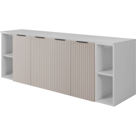 Furnidea - Meuble sous vasque suspendu FLOW CACHEMIRE 160 cm avec 2 x l'étagères - extensions et plan BLANC - 4 portes - façades rainurées (1/5)
