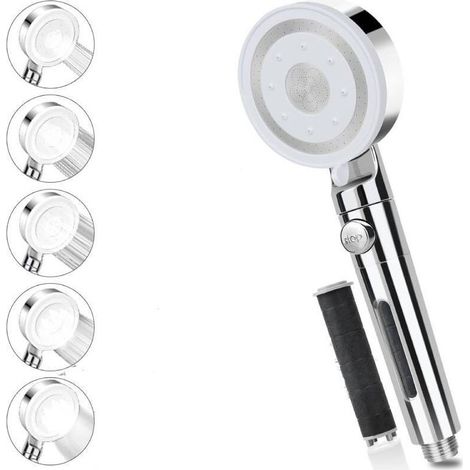 Pommeau de douche sans tuyau, pommeau de douche haute pression avec filtre, pommeau de douche avec 5 modes de pulvérisation, pommeau de douche avec flexible de douche en acier inoxydable (élimine le c (1/5)