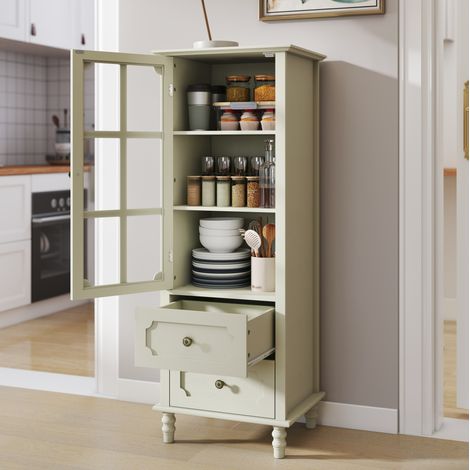 Credenza vetrina 50x40x133 cm in MDF bianco crema, 2 cassetti, salvaspazio – MEUBLIV (1/5)