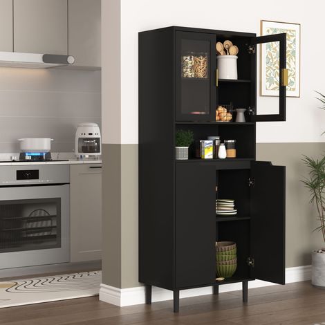Armario alto vitrina puertas de vidrio templado estantes regulables MDF lacado color negro (1/5)