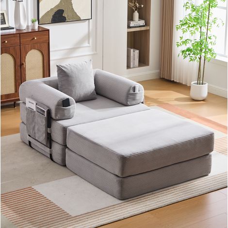 Canapé modular de pana gris claro con reposapiés, estructura metálica, 112x190x67 cm (1/5)