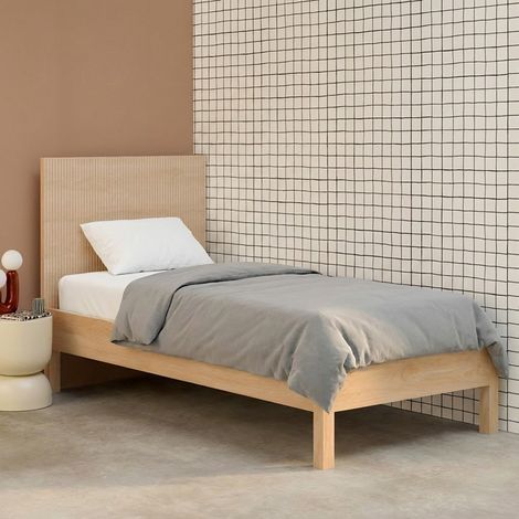 Lit avec sommier à lattes et tête de lit 90x190cm décor bois naturel - Linear (1/5)