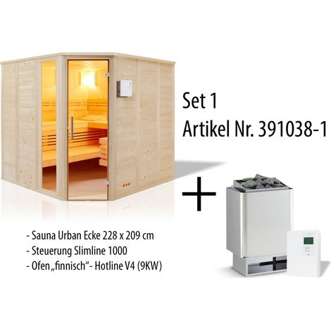 Infraworld Urban 228 Ecke Saunakabine Massivholzsauna aus Fichte 228x209x200 cm Set mit Saunaofen Hotline V4 (9 kW), Silikonkabel, Saunasteuerung Saunacontrol A und 15 kg Saunasteinen (1/5)