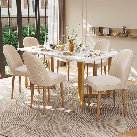 Silla de comedor de terciopelo beige con patas de metal dorado, 45,5 x 62 x 87,5 cm (1/5)