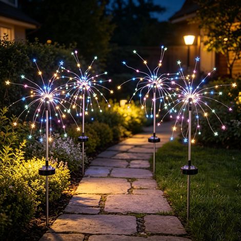 Lot de 4 lampes solaires extérieures effet feu d’artifice – LED en forme d’étoile, Lumières colorées – Étanches, autonomes – Parfaites pour jardin, terrasse, allée et chemin (1/5)