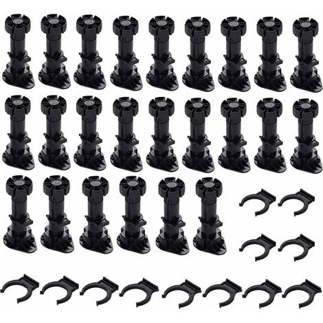 24 Pièces Pieds D'Armoire Plastique,Pied de Meuble,Pied Réglable pour Meuble,Noir Pieds de Meuble Plastique avec Clip Fixation Base pour Meubles de Cuisine,Armoire et Canapé (80mm-100mm) (1/4)