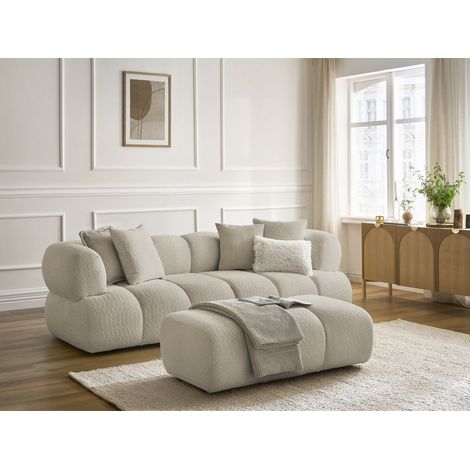 BOBOCHIC - Canapé droit fixe 3 places PAMIRA tissu bouclette avec pouf   Beige (1/5)