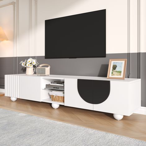 Moderne TV Schrank 180 cm, mit 4 Türen und Stauraumregalen, niedriger TV Schrank mit einzigartigem Design - Weiß
