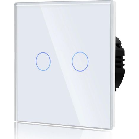 Interruptor táctil común, interruptor de pared compatible con luces LED, panel de cristal templado, pantalla táctil de cristal con botones retroiluminados, 86 mm, 2 dígitos, 1 canal, blanco (1/5)