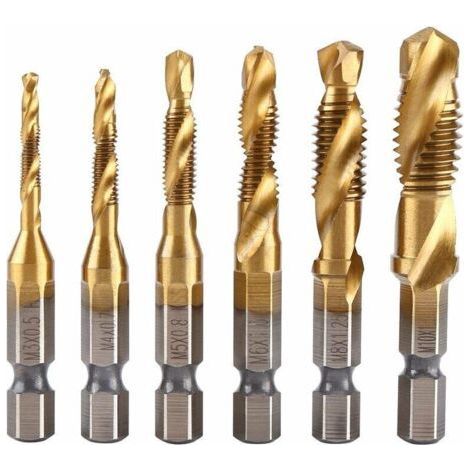 Set di 6 maschi filettati, punta per maschiatura, filettatura metrica M3-M10 con rivestimento in titanio HSS e punte per maschiatura con gambo esagonale scanalato da 1/4" per filettare diverse superfi (1/5)