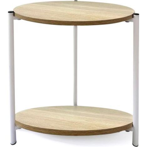 Table d'appoint - JUANIO - Ronde 2 niveaux - Effet bois naturel - Structure métallique blanche - Ø40 x H42 cm (1/4)