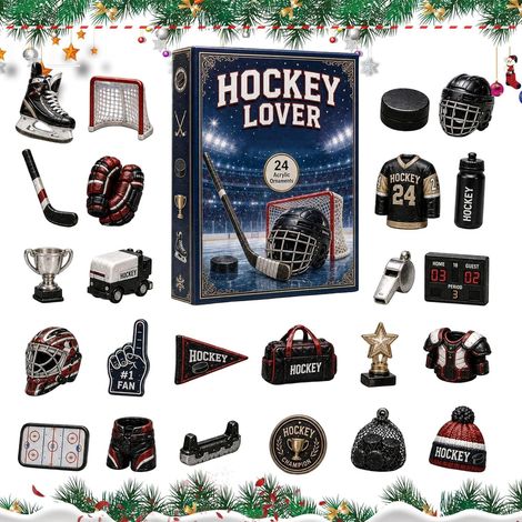 Eishockey-Adventskalender 2026 – 24-teilig – schwarz, rot, weiß – Acryl – 6 cm Mini-Anhänger – Eishockey-Design – Christbaumschmuck – geeignet für Eishockey-Fans, Weihnachtsfeiern und als Dekoration (1/5)