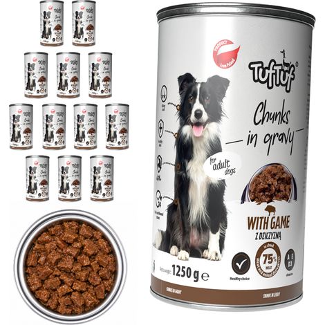 Pâtée pour chien TufTuf Venaison, boîte de 12 x 1250 g, morceaux en sauce (1/2)