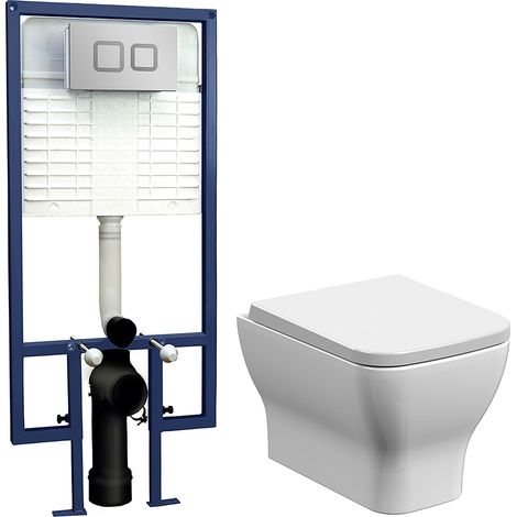 Hilderstone Square Wall Hung Toilet Pan, Soft Close Seat & Concealed Cistern with Square Push Button Plate, 325mm - Balterley