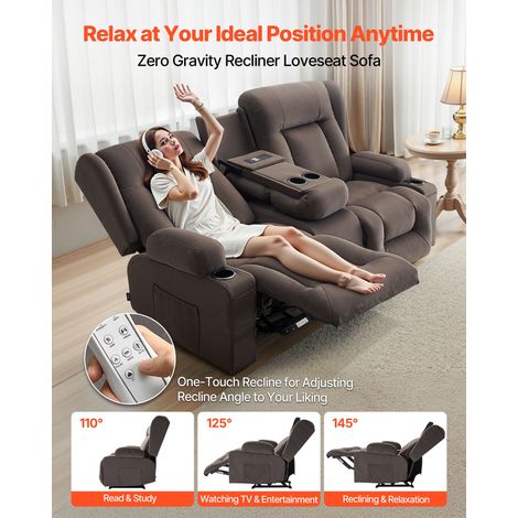 Canapé Inclinable Électrique 2 Places, Causeuse Inclinable avec Chauffage, Massage et Console Centrale, en Daim, avec Ports USB, Po… (1/5)