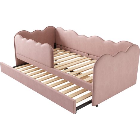 Lit banquette enfant 90x190 cm en velours rose avec lit gigogne (1/5)