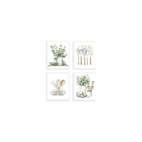 Lot de 4 Affiches Murales Botaniques pour la Cuisine, Poster Murale de Feuilles d'Eucalyptus Vert Sauge, pour la Cuisine et la Salle à Manger 20x30 cm Sans Cadre