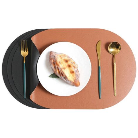 Pair Platzset, 6-teilig, 44,5 x 30 x 0,18 cm, Platzset aus Leder und doppelseitiger Untersetzer, abwaschbar und wasserdicht, runde Platzsets aus Kunststoff (Schwarz & Braun, 6er-Set)