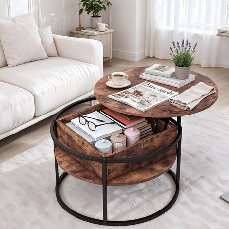 Table basse ronde relevable avec rangement, plateau relevable silencieux, structure métal et imitation bois noir pour salon, marron (1/5)