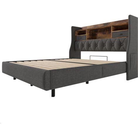 Cama doble 140x200 cm de lino gris con LED, cabecero y puertos USB Type-C, HOMVRA (1/5)