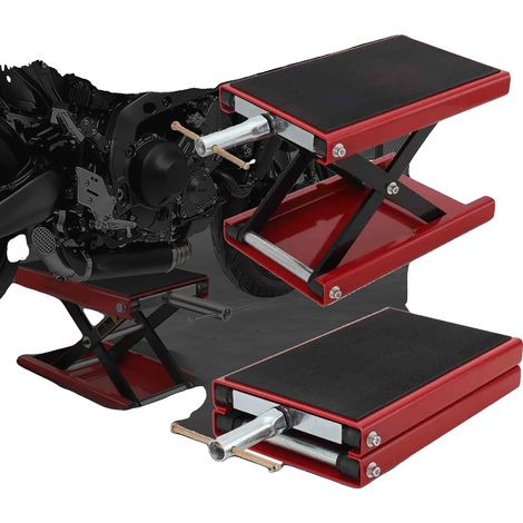 Elevador de motocicletas, capacidad de 500 kg, altura regulable de 95 mm a 350 mm, construcción de acero, plataforma de 360 mm x 230 mm, pasador de seguridad con bloqueo. (1/5)
