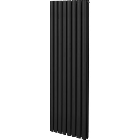 Radiatore a colonna ovale 1600mm x 480mm Designer Doppio pannello Termosifone Nero Acciaio Orizzontale Inclusi Spazzola per la pulizia Kit di fissaggio e staffe