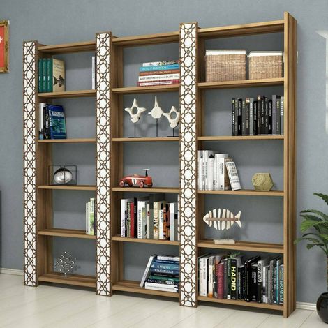 Dmora - Estante para libros Alula, Estante de oficina, Porta libros móvil, Biblioteca, 185x24h170 cm, Nogal y Blanco, con embalaje reforzado (1/4)