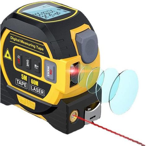 Mètre Laser 3-en-1 avec Ligne Croisée 60m Laser + 5m Ruban AutoBloc Grand Écran LCD (m/ft/in) & Calculs Surface/Volume Bricolage, BTP, Professionnels (1/5)