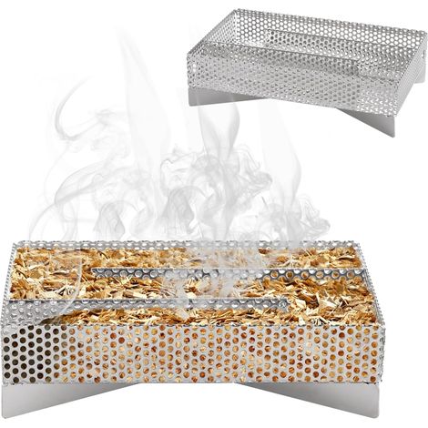 Cesta de malla ahumada de acero inoxidable, rejilla de combustión rectangular de malla perforada para virutas de madera frutal. (1/5)