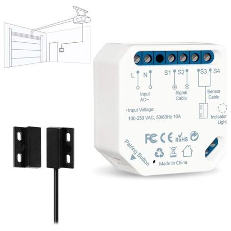 Ouvre-Porte de Garage Connecté WiFi, Interrupteur de Porte Intelligent, Compatible avec Google Home Alexa, Commutateur Contrôlé à Distance, Kits Smart Module pour Portail Coulissant