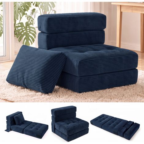 Fabulcozy Divano Convertibile 4 in 1, Poltrona 1 Posto Pieghevole con Tasca Laterale Portaoggetti, Morbida Schiuma, Velluto a Coste, Cuscino e Poggiatesta, per Soggiorno o Piccoli Spazi,Blu (1/5)