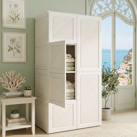 Armoire pliable Blanche avec Penderie et 5 Compartiments - Armoire modulable Gain de place - Rangement compartimenté - 69x50x136cm