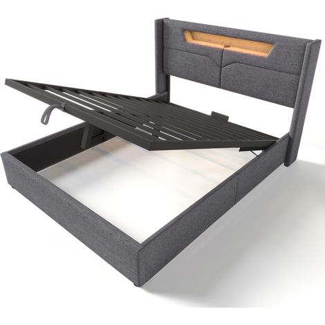 Cama doble con canapé 140x200 cm de tela gris con LED, USB-C y somier de lamas HOMVRA (1/5)