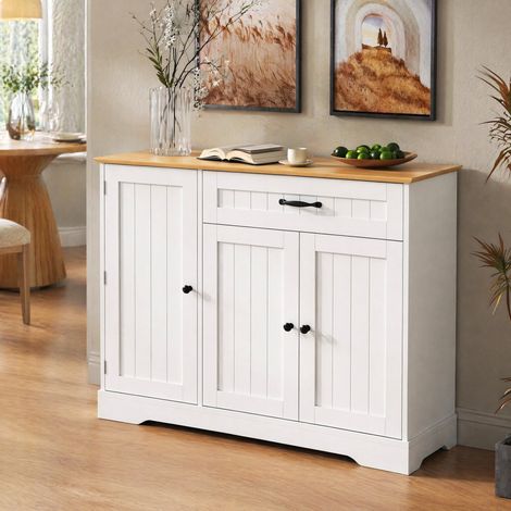 Sideboard mit 3 Türen und 1 Schublade, 107 x 40 x 83,4 cm, MDF, Weiß/Natur, OKMYHOME (1/5)