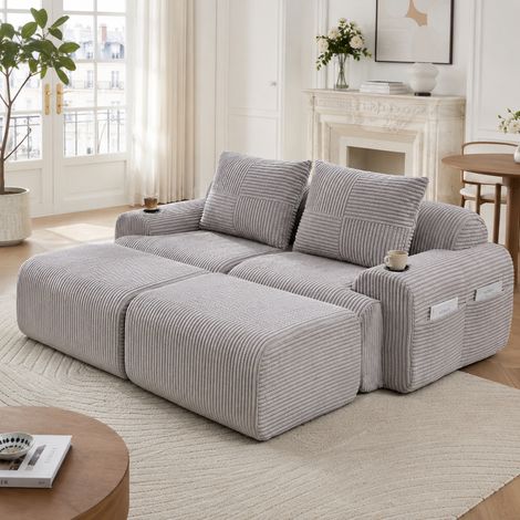 Canapé modulable velours côtelé 2 places 2 poufs combinable porte-gobelet poche rangement latérale salon séjour design moderne kaki gris clair (1/5)