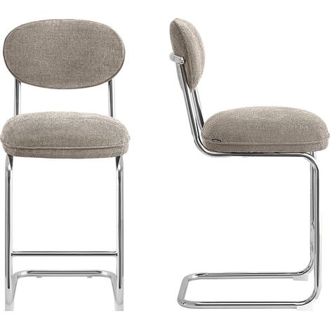 Lot de 2 tabourets de bar en tissu chenille taupe, piètement chromé - Lou