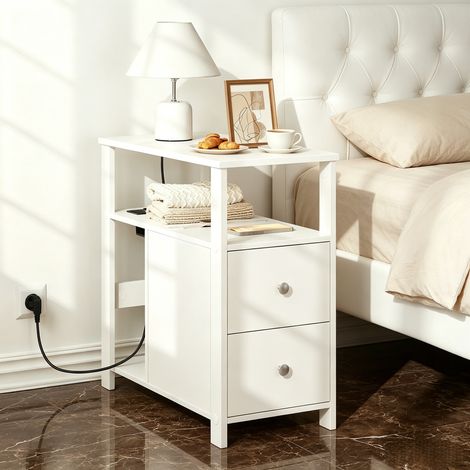 Table d'appoint - 60x30x60 cm - Prises USB station de charge 2 tiroirs étagères de rangement bout de canape salon - Blanc (1/5)