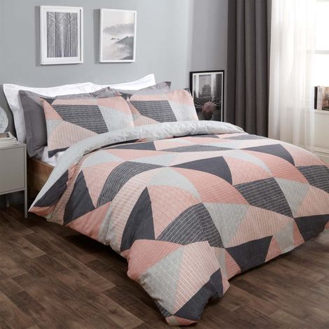 Parure de lit scandinave avec Housse de Couette et taies d'oreiller à Motif géométrique texturé - Rose pâle et Gris - 2 Places (1/5)