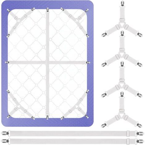 BUNTHAUS Bettlaken-Haltegurte, 4+2er-Pack, 2 weitere gerade Bettlakengurte für die Mitte der Matratze und 4 dreieckige Bettlakenklammern für Ecken, verstellbare elastische Haltebänder, um das Bettlake (1/5)