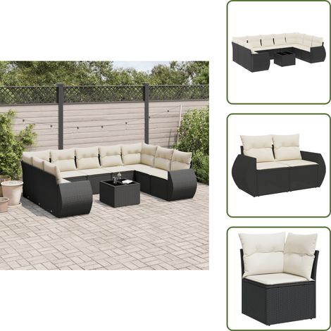 10-tlg. Garten-Sofagarnitur mit Kissen Schwarz Poly Rattan - Gartenmöbel - Gartensortelement - Outdoor Möbel - Lounge Set - Esstisch