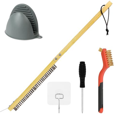 56cm Brosse Four à Pizza, Brosse en Inoxydable Pierre Pizza Brosse Nettoyage Four Pizza avec Manche Long en Bambou Grattoir et Pince Anti-Brûlure, Outil Nettoyage pour Barbecue Cuisine (1/5)