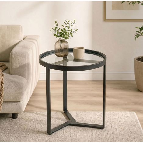 Tavolino rotondo Ø45 cm in metallo nero con piano in vetro temperato, design geometrico per spazi piccoli (1/5)