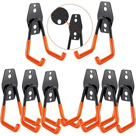 Ganchos de pared para garaje, almacenamiento para garaje, ganchos de pared de acero para escaleras, bicicletas, tuberías, herramientas eléctricas (naranja, 8 piezas) (1/4)