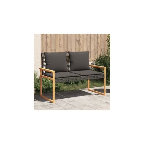 Banc de jardin avec coussin noir résine tressée et acacia (1/5)